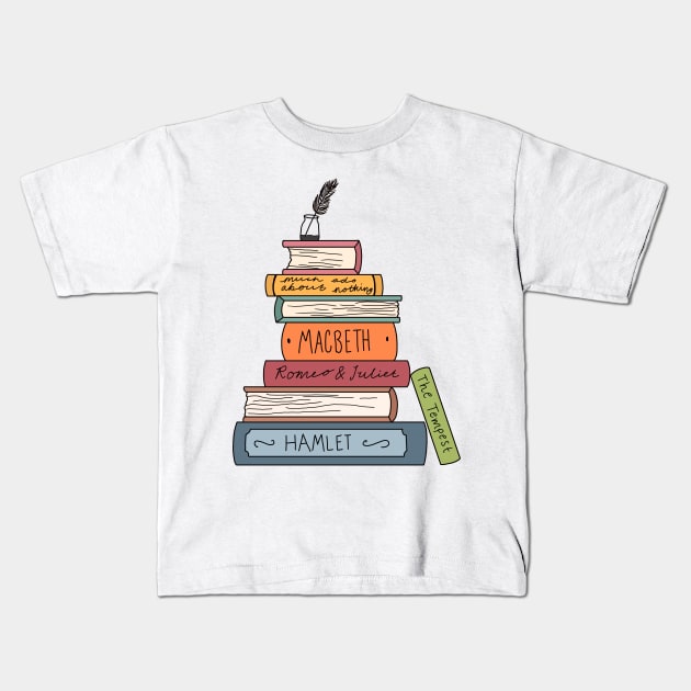 Shakespeare book stack Kids T-Shirt by bookloversclub